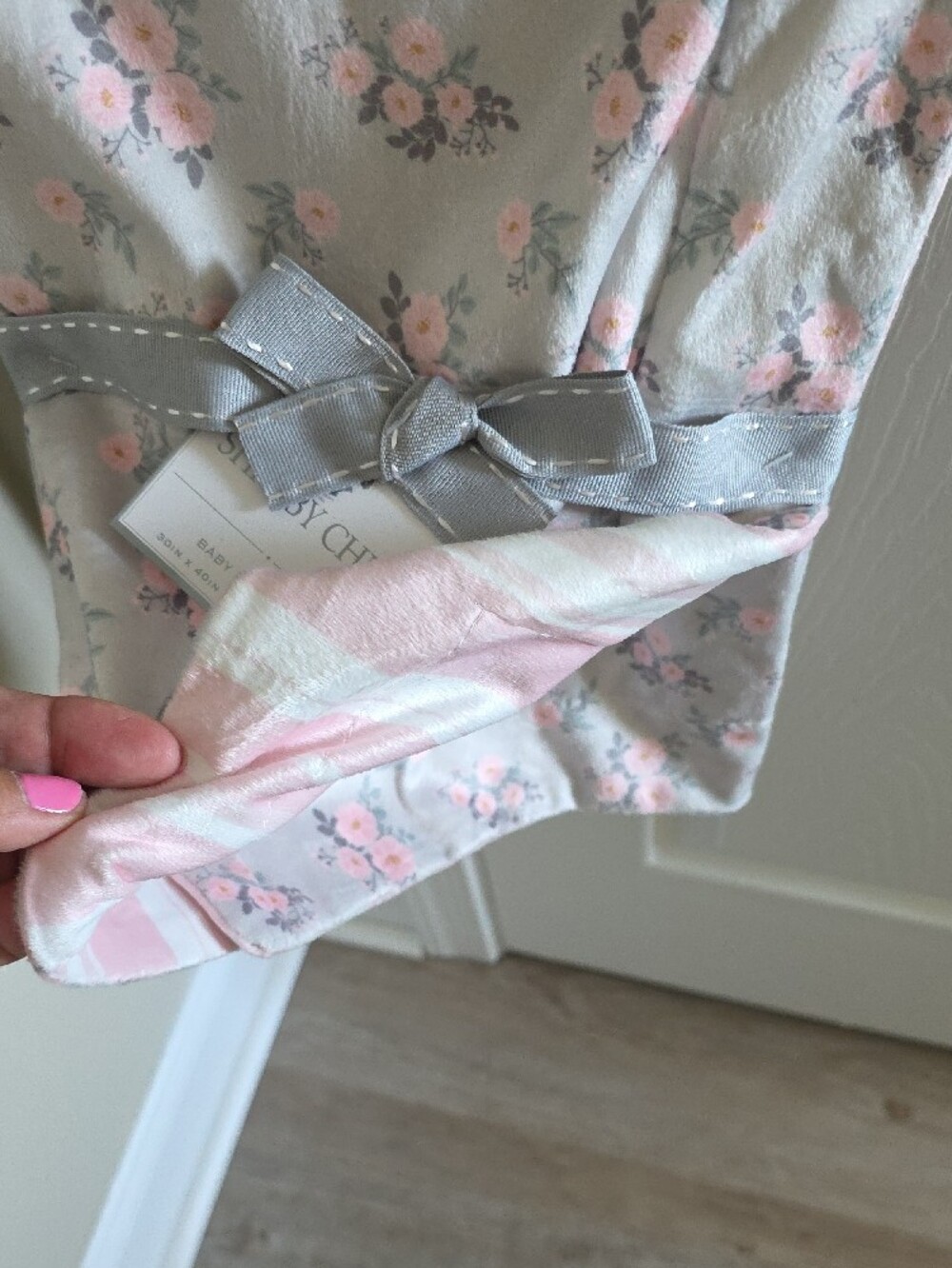Shabby Chic Pink and Gray Floral Baby Throw Blanket - Picture 4 of 6